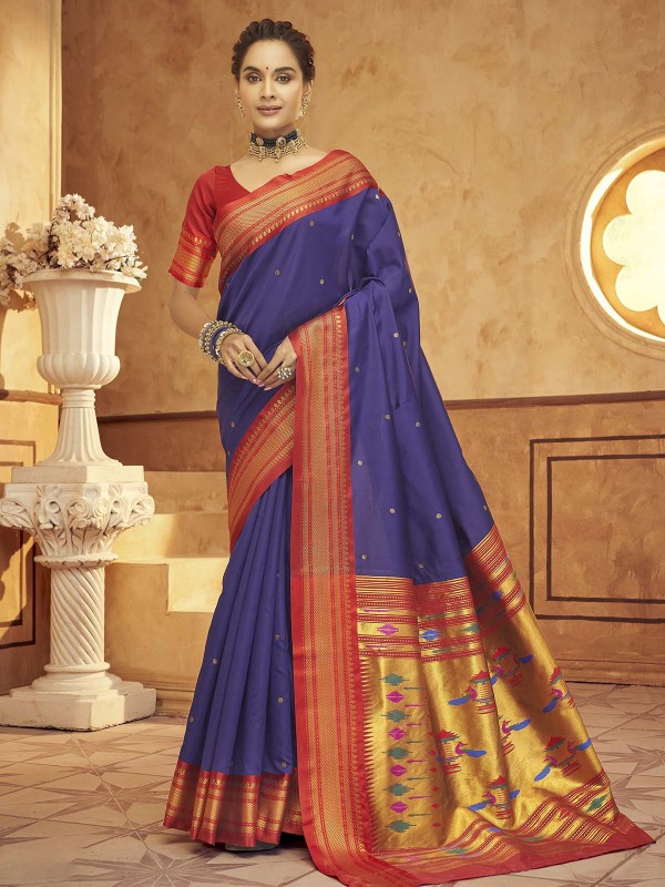 Indigo Blue Soft Silk Paithani Print Saree